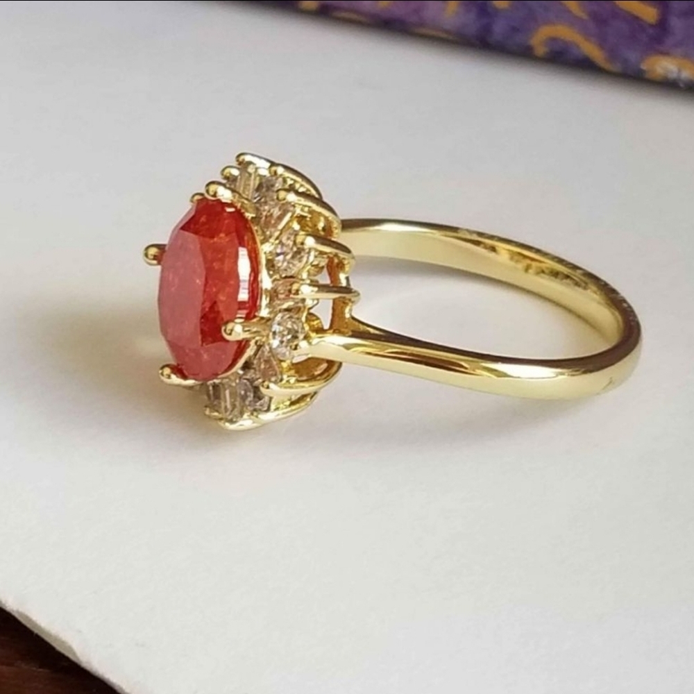 New 18K Gold Plated Round Cut Red Ice Gem Diamond Ring for Women - Picture 6 of 9